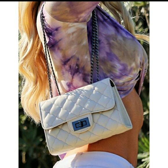 Quilted Ivory White Vegan Leather Shoulder Bag 8"x5"x3" - Picture 1 of 10